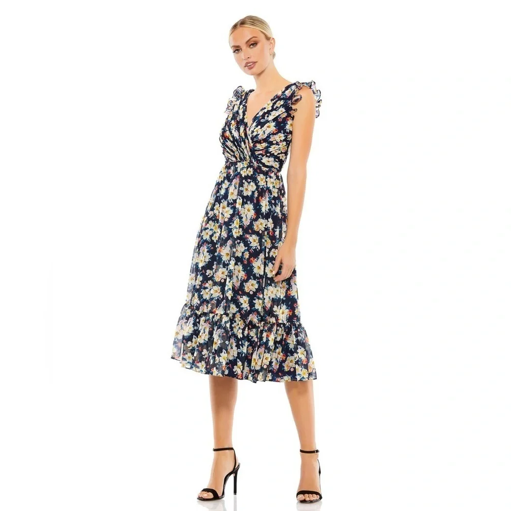 Ieena for Mac Duggal Flowy Floral Print V Neck Cap Sleeve Midi Dress 55665 - Picture 11 of 11